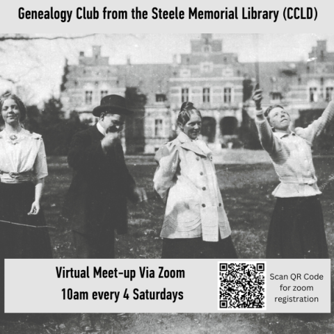 4 people frolic in front of an ancient engligh manor house