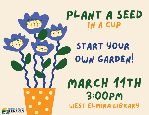 A cartoon of purple flowers sprouting from an orange planter on a beige background.