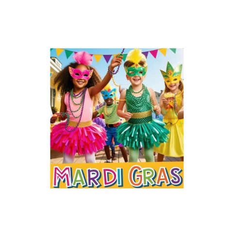 Children in colorful costumes celebrating Mardi Gras.
