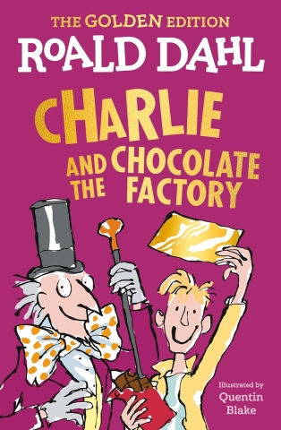 Book cover of boy holding golden ticket next to man wearing a tall black hat and big bow tie.