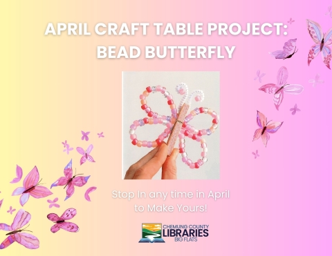April Craft Table Project: Beaded Butterfly. Photo of craft butterly with pony bead wings on a pastel background with butterflies