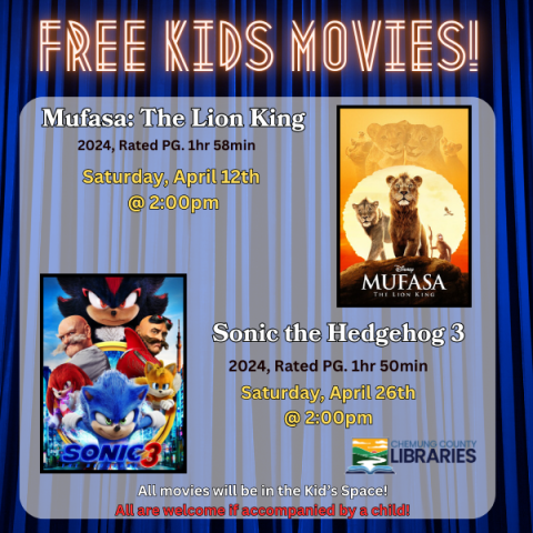 Free Kids Movies! Sonic the Hedgehog3, 109 min. PG. Saturday, April 26th at 2:00pm