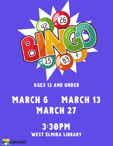 Purple background with colorful letters that spell "Bingo" and bingo balls.  White lettering with event details.