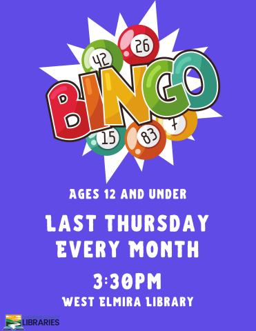 Blue background with colorful letters that read "BINGO"