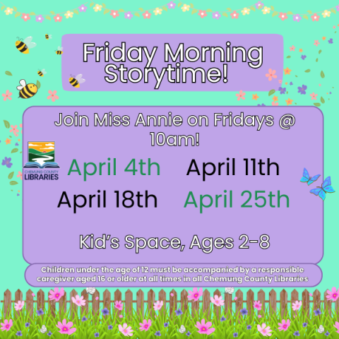 Join Miss Annie on Fridays at 10am for Morning Storytime! In the Kid's Space