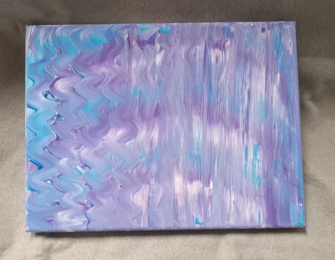 Abstract blue, purple, and white streaks on canvas.