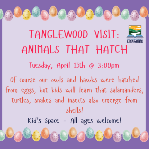 tanglewood visit: animals that hatch. Tuesday, April 15th @ 3:00pm Of course our owls and hawks were hatched from eggs, but kids will learn that salamanders, turtles, snakes and insects also emerge from shells! Kid’s Space - All ages welcome
