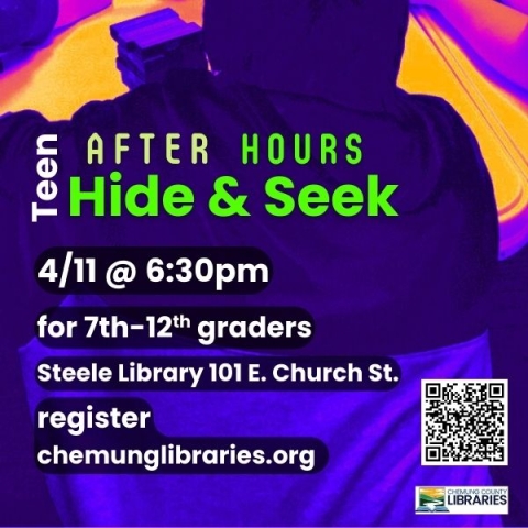 purple and blue background with neon green letters spelling teen hide and seek