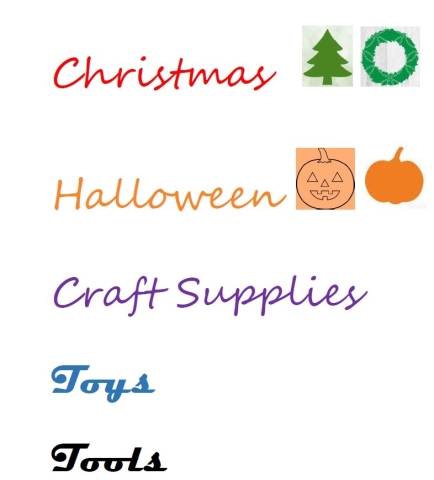 Christmas, Halloween, Craft Supplies, Toys, Tools in different fonts along with images of a Christmas tree, wreath, pumpkin and Jack-o-Lantern.