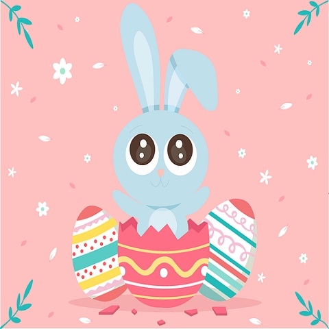 Cartoon bunny and Easter eggs.