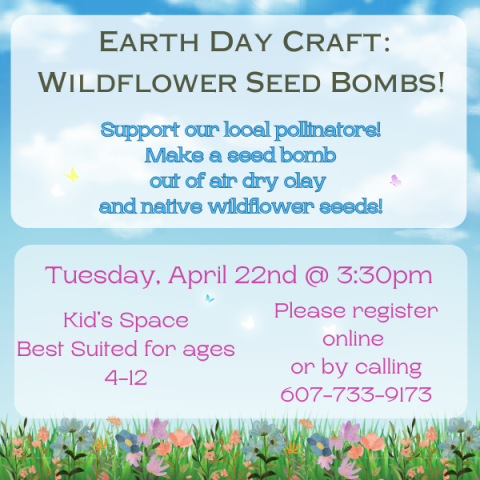 Wildflower Seed Bombs craft, Tuesday April 22nd @ 3:30pm. Support our local pollinators! Please register online or via phone call