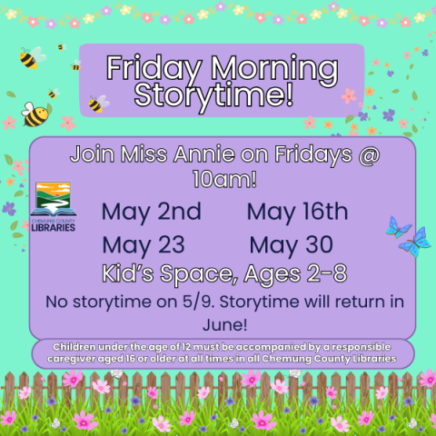 Join Miss Annie on Fridays at 10am for Morning Storytime! In the Kid's Space