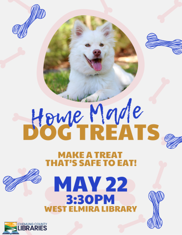 Picture of a white dog, breed Samoyed, surrounded by colorful bones and lettering that reads "Home Made Dog Treats, May 22nd, 3:30pm, West Elmira Library"