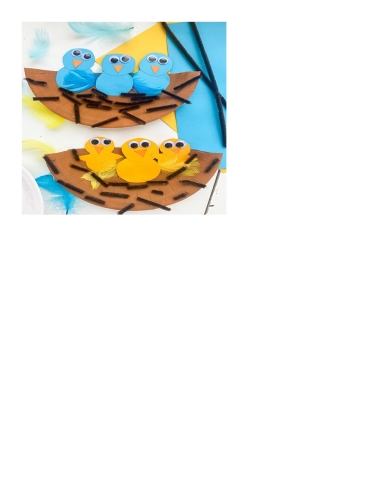 Three construction paper birds on a paper plate