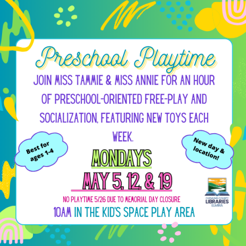 Join Miss Miss Tammie & Miss Annie for an hour of preschool-oriented free-play and socialization. Every Monday at 10am