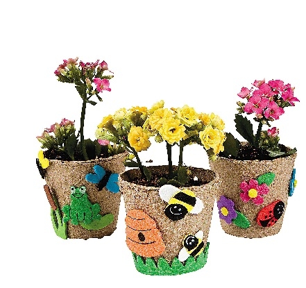 Paper Mache decorated pots containing flowers.