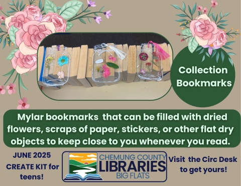 collection bookmarks:mylar bookmarks that can be filled with dried flowers, scraps of paper, stickers, or other flat dried objects that you want to keep close! available to teens and tweens ask for yours at the circulation desk at Big Flats Library!