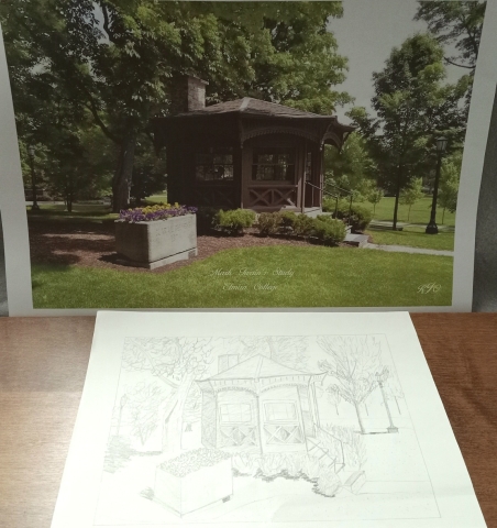 Photograph of Mark Twain's Cottage at Elmira College. Pencil drawing of photograph below photo..