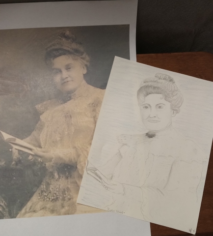 Photograph of Ester Steele with pencil drawing of photograph.