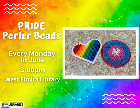 Rainbow background with a picture of two perler bead creations; one rainbow striped heart and a round design with white, pink, and light blue beads.
