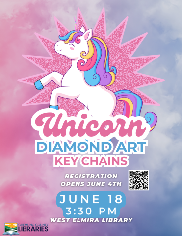 Pink and blue background with a cartoon unicorn reared and standing on its hind legs.
