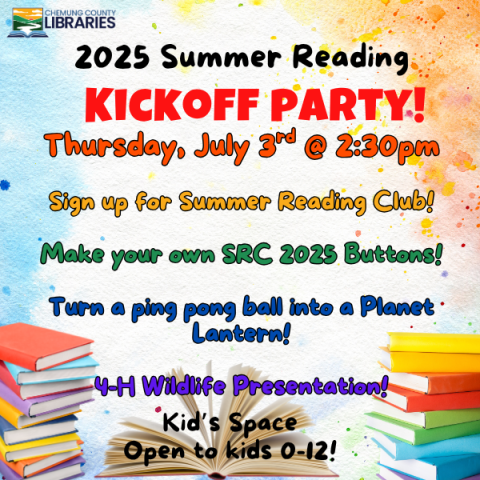 Summer reading kickoff party! Thursday, July 3rd @ 2:30pm  Sign up for Summer Reading Club!  Make your own SRC 2025 Buttons!  Turn a ping pong ball into a Planet Lantern!  4-H Wildlife Presentation!