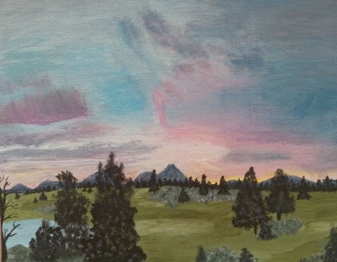 Painting of field with trees and cloudy sunset of pinks, blues and purples.