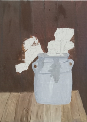 Painting half completed showing brown paneled wall with grey pot of flowers in foreground.