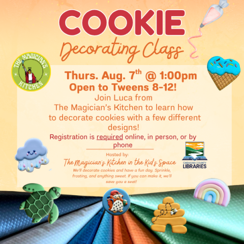Cookie decorating class for tweens 8-12. Thursday August 7th @ 1:oopm in the steele kids space