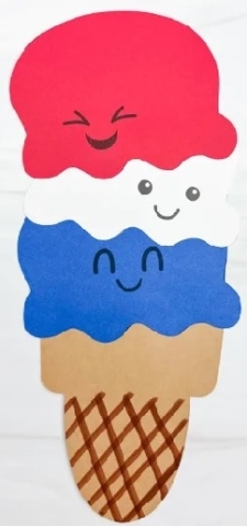 Ice cream cone with scoops of red, white, and blue ice cream.