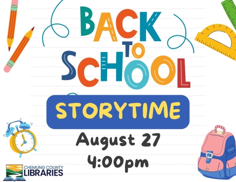 Colors school supplies and words that read "Back to School Storytime"