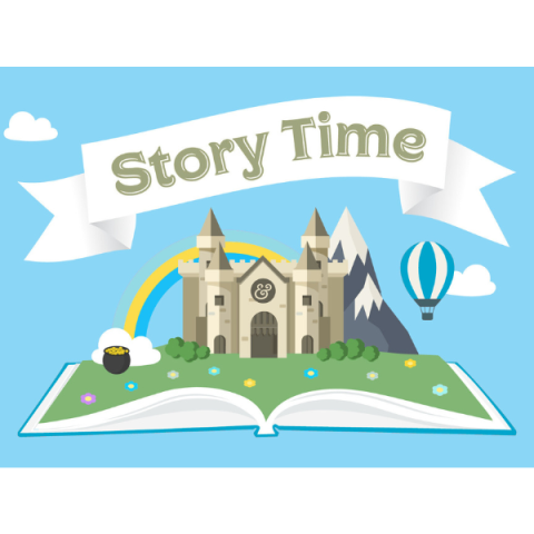 illustrated picture of an open book with a castle and rainbows popping out of the pages