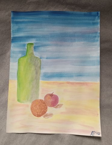 Watercolor painting of green bottle, apple and orange on a tan table and blue and purple background