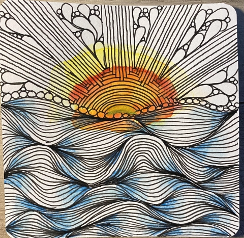 Intricate doodle with many lines creating a setting sun over ocean waves.