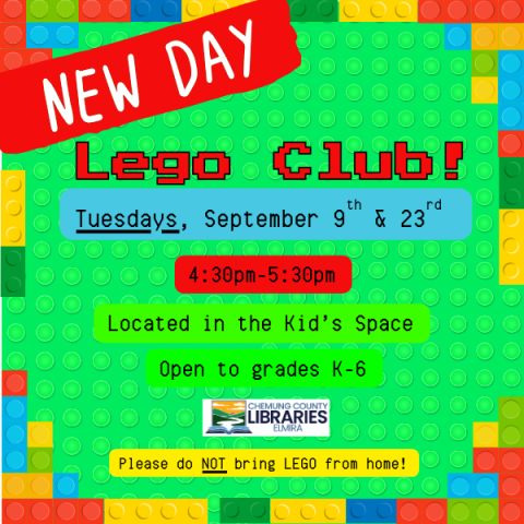 Steele Library Lego Club! 2nd & 4th Tuesdays of the month from 4:30 to 5:30 in the Steele Kid's Space