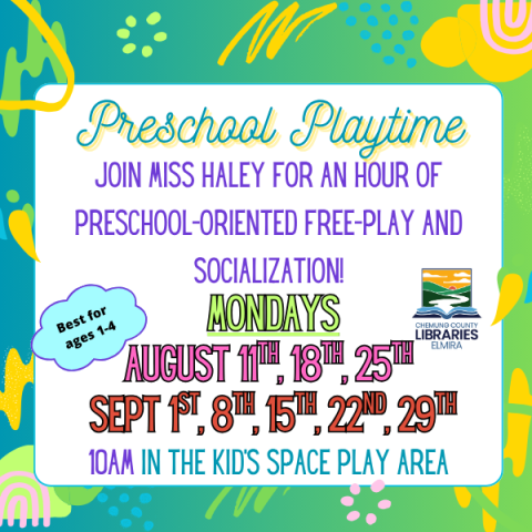 Join Miss Haley for an hour of preschool-oriented free-play and socialization. Every Monday at 10am