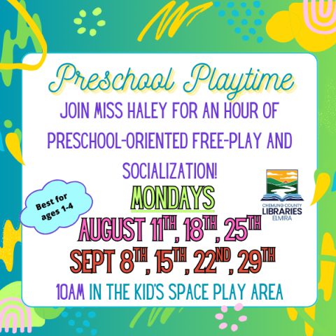 Join Miss Haley for an hour of preschool-oriented free-play and socialization. Every Monday at 10am