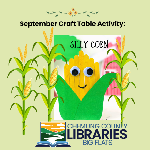 light green background with corn stalks and a photo of corncob popsicle stick craft..text reads SILLY CORN.