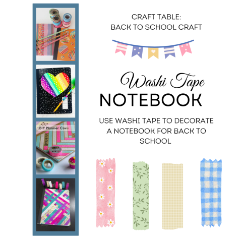 whte background with illustrated strips of washi tape and a pennant banner. four photo collage with pictures of completed craft variations. text reads Craft table: back to school craf. Washi Taped notebook. Use washi tape to decorate a notebook for back to school.t