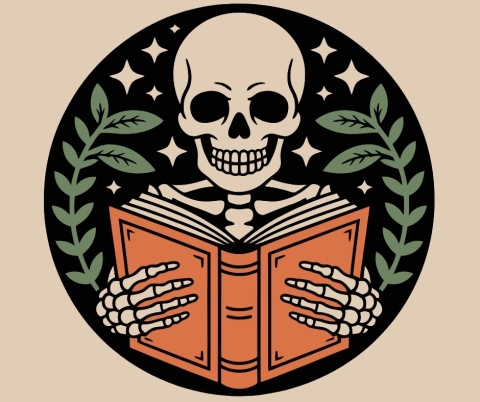 A skeleton reading a book