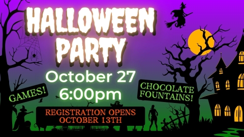 Purple and green background with silhouettes of treets, headstones, a haunted house, and a witch.