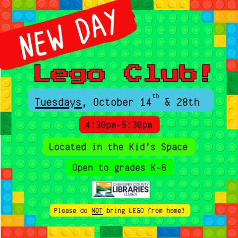Steele Library Lego Club! 2nd & 4th Tuesdays of the month from 4:30 to 5:30 in the Steele Kid's Space