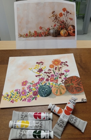 Photo and painitng with three pumpkins and fall flowers.