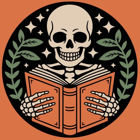 a cream colored skeleton reading an orange book surrounded by stars and leaves