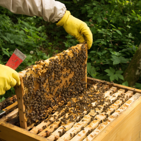 beekeeper and bees in a bee box