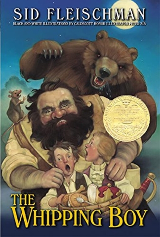 Book cover shows 2 small frightened boys held by a large man who has a bear behind him.