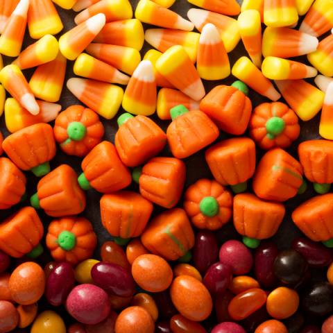 square image of various candies (candy corn, pumpkin candy, fall colored candy)