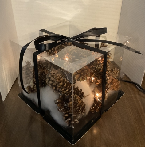 A clear acrylic cube filled with glittered pinecones, faux snow & fairy lights tied together with an elegant black ribbon