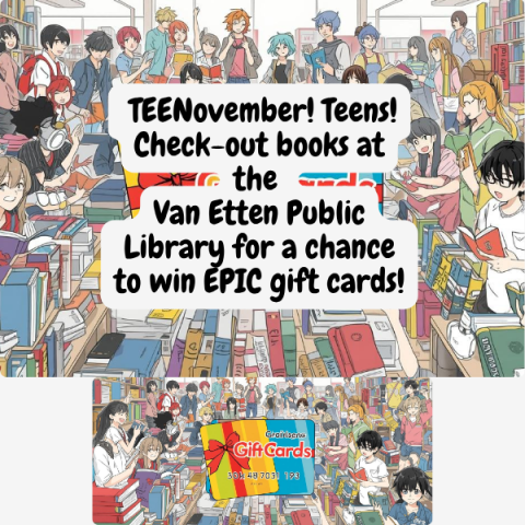 MANGA-drawn teens in the background with a gift card