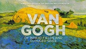 Van Gogh painting depicting a large bright Gold Hay stack in a wheat field with a vibrant blus cloud shadow covering the lower third of  the picture. The text title is in in large white letters centered over the picture